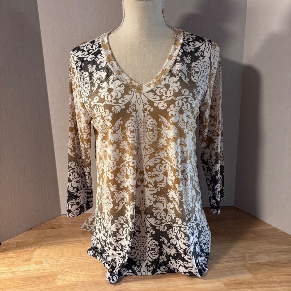 Honeyme Taupe Swirl Ombre Blouse Large New Damask Print V  Long Sleeve Tunic Top